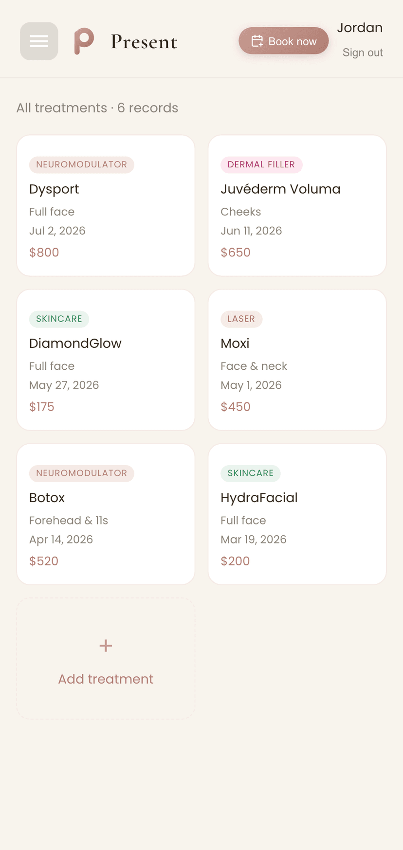 Browsing your full treatment history in the Present app